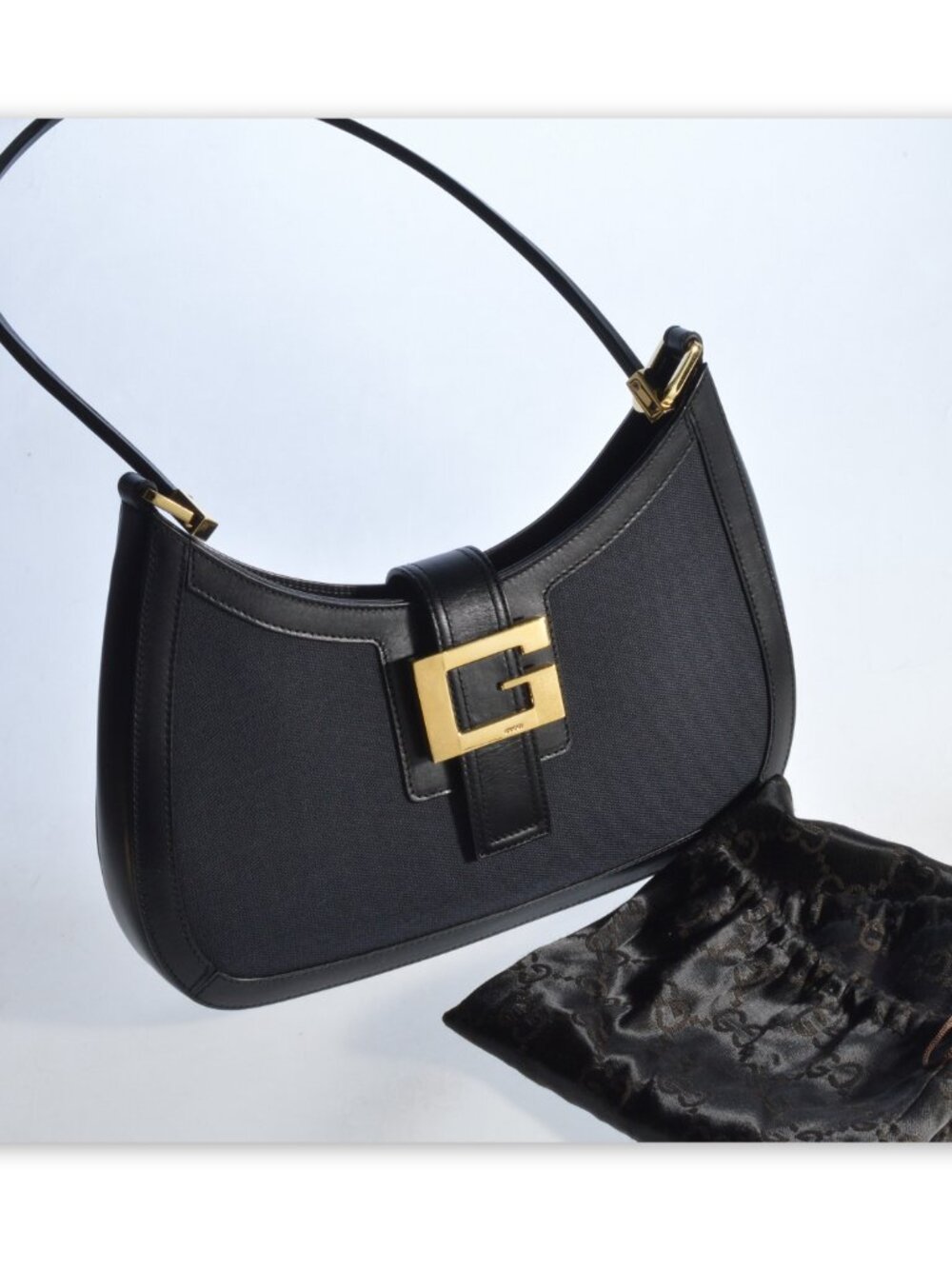 Gucci Black Canvas Leather Shoulder Bag Gold G Logo Clasp New Without Tags